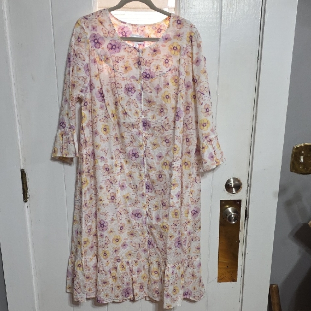 VTG NWT National Womens Robe Housecoat Butterflies Floral Front Zip Pockets XL